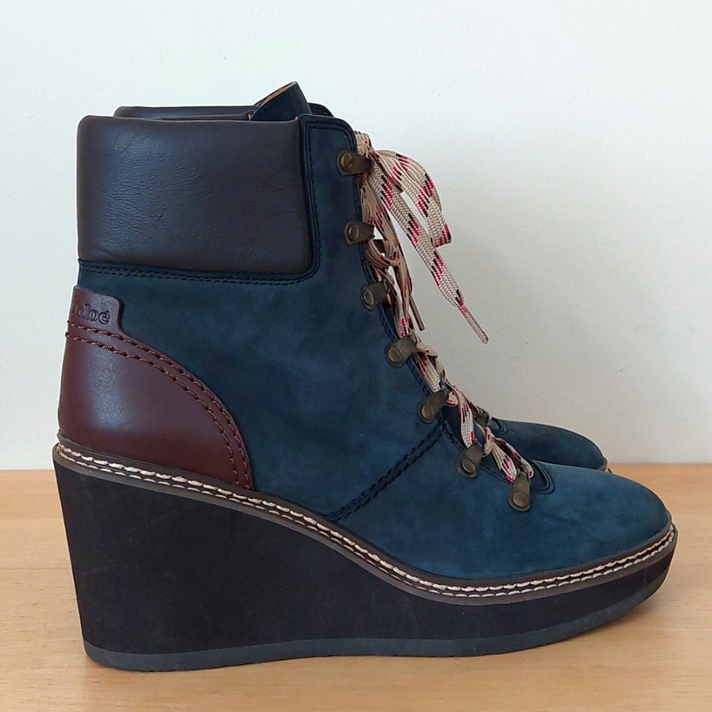 See By Chloe Blue Lace Up Boots with Wedge Heel and Soft Suede - Picture 4 of 16